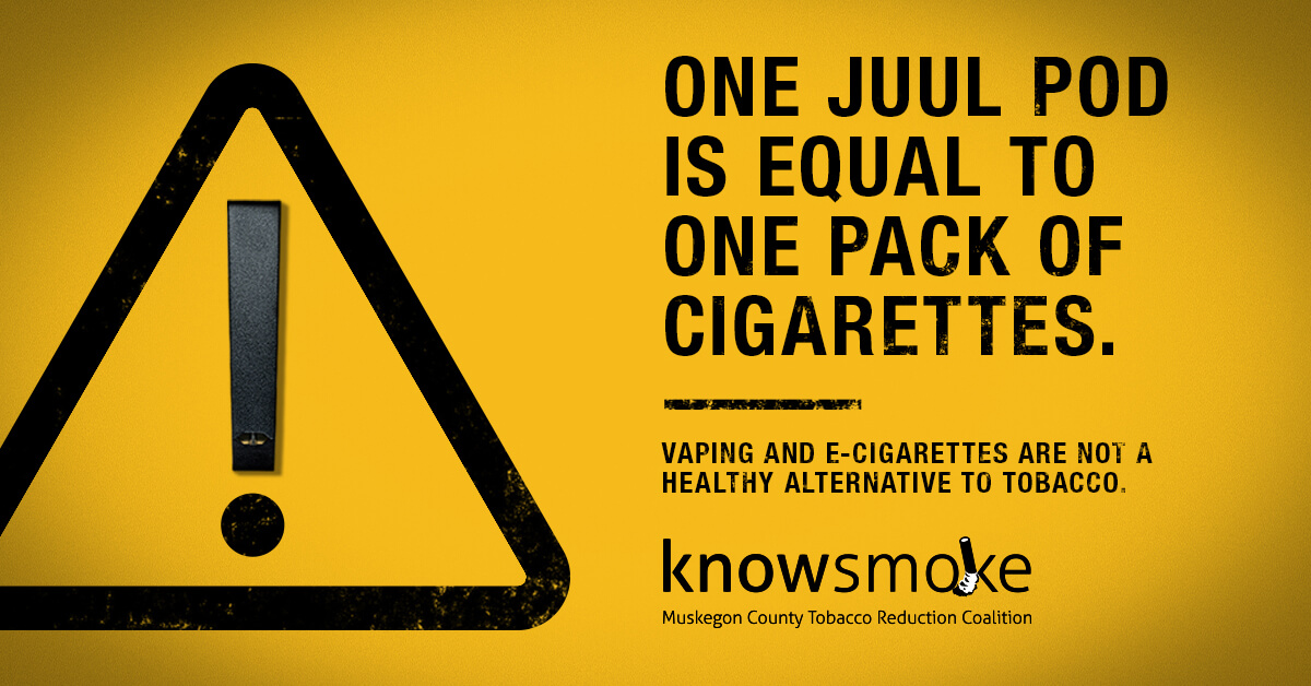 One Juul Pod is equal to one pack of cigarettes. Vaping and e-cigarettes are not a healthy alternative to tobacco.